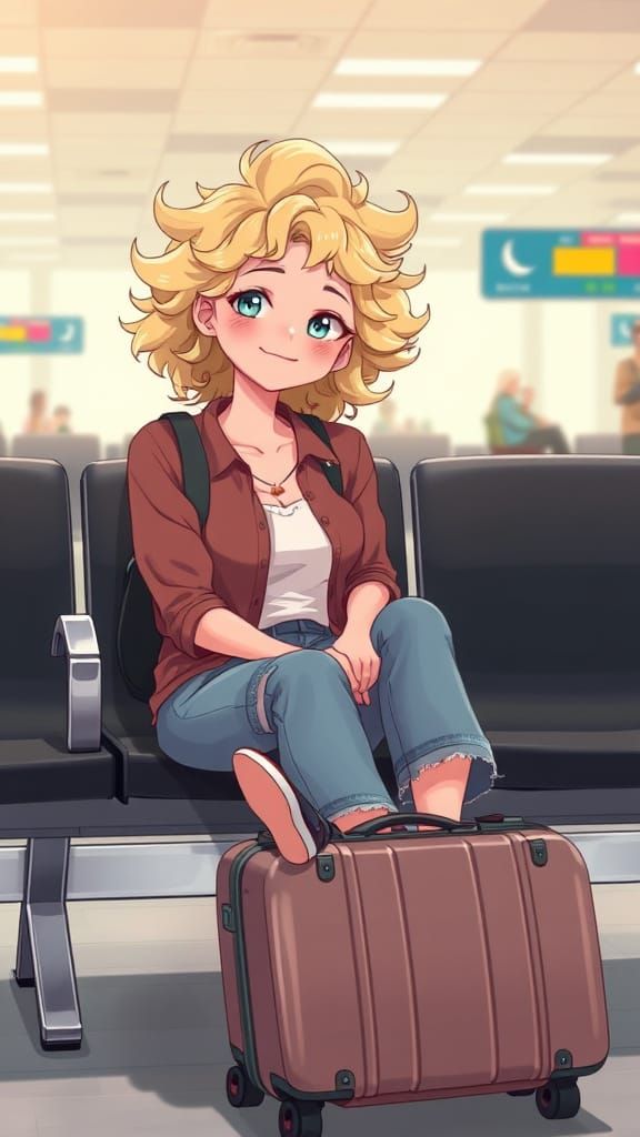 Anime Woman Waiting in Airport Departure Lounge
