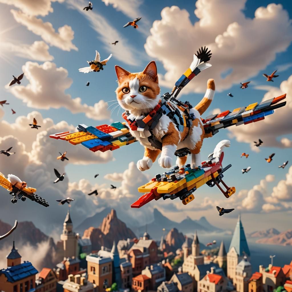 Lego Calico Cat Soaring on Hand Glider