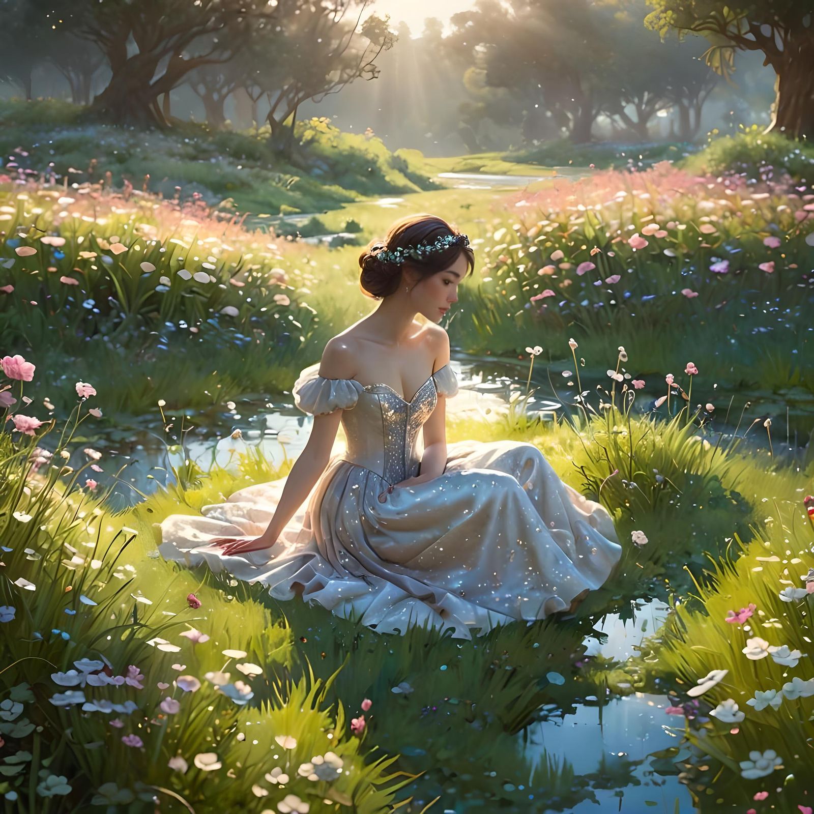 Ethereal Meadow with Iridescent Flowers in Disney Style