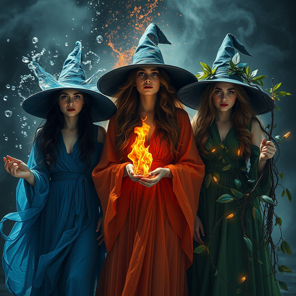 Elemental Witches Convergence in Hyperrealistic Detail