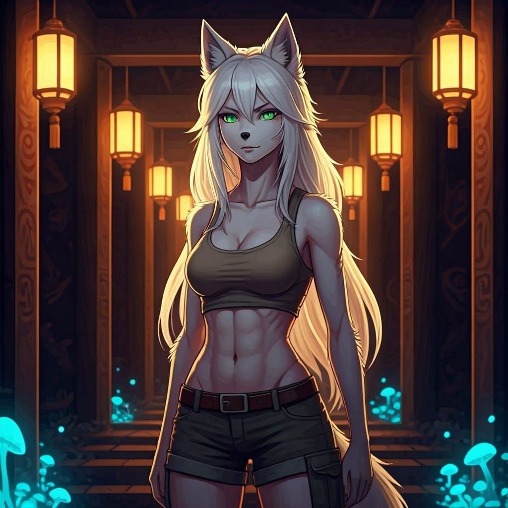 Anime Wolf-Woman in Ancient Temple, Studio Trigger Style