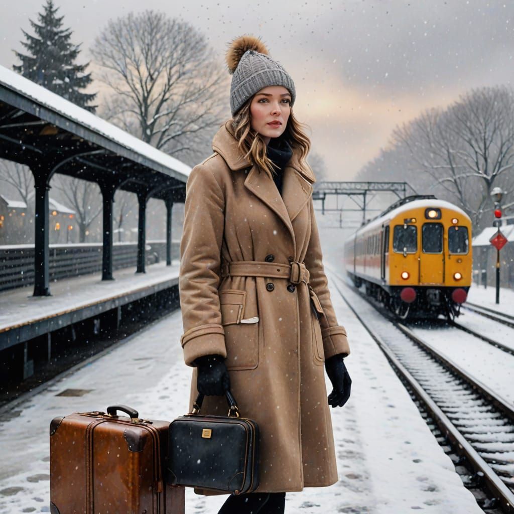 Abbie at Snowy Train Station in Watercolour and Ink