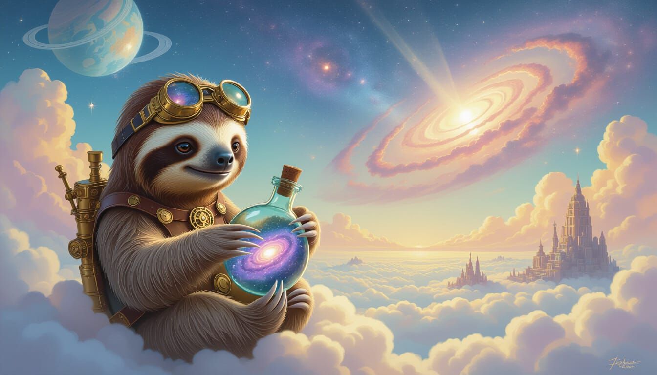Steampunk Sloth Builds Galaxy in Bottle, Surreal Digital Art