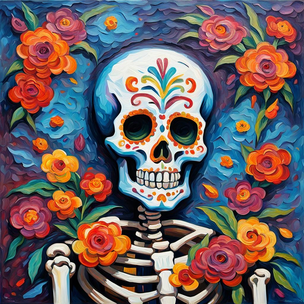 Colorful Dia De Muertos Skeleton in Expressionist Style