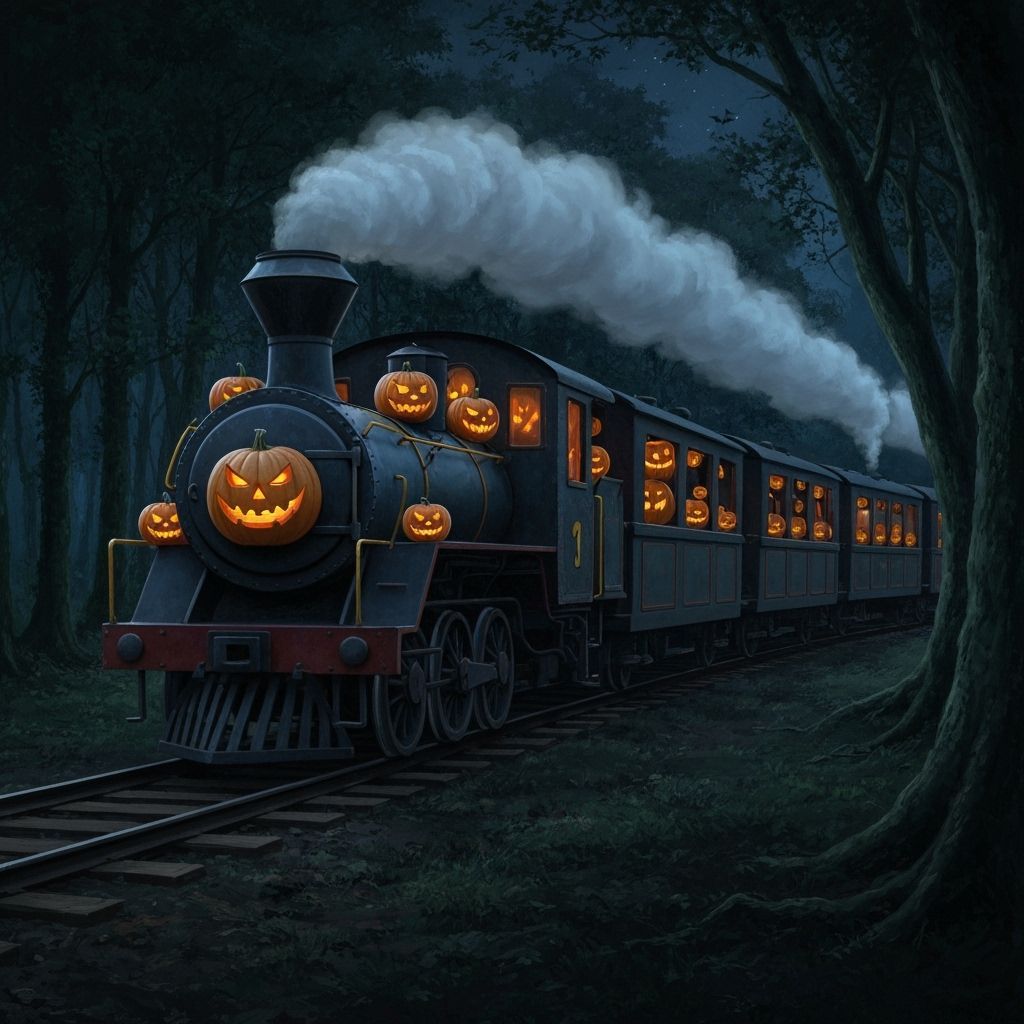 Halloween Train With Jack-o'-lanterns In Dark Forest