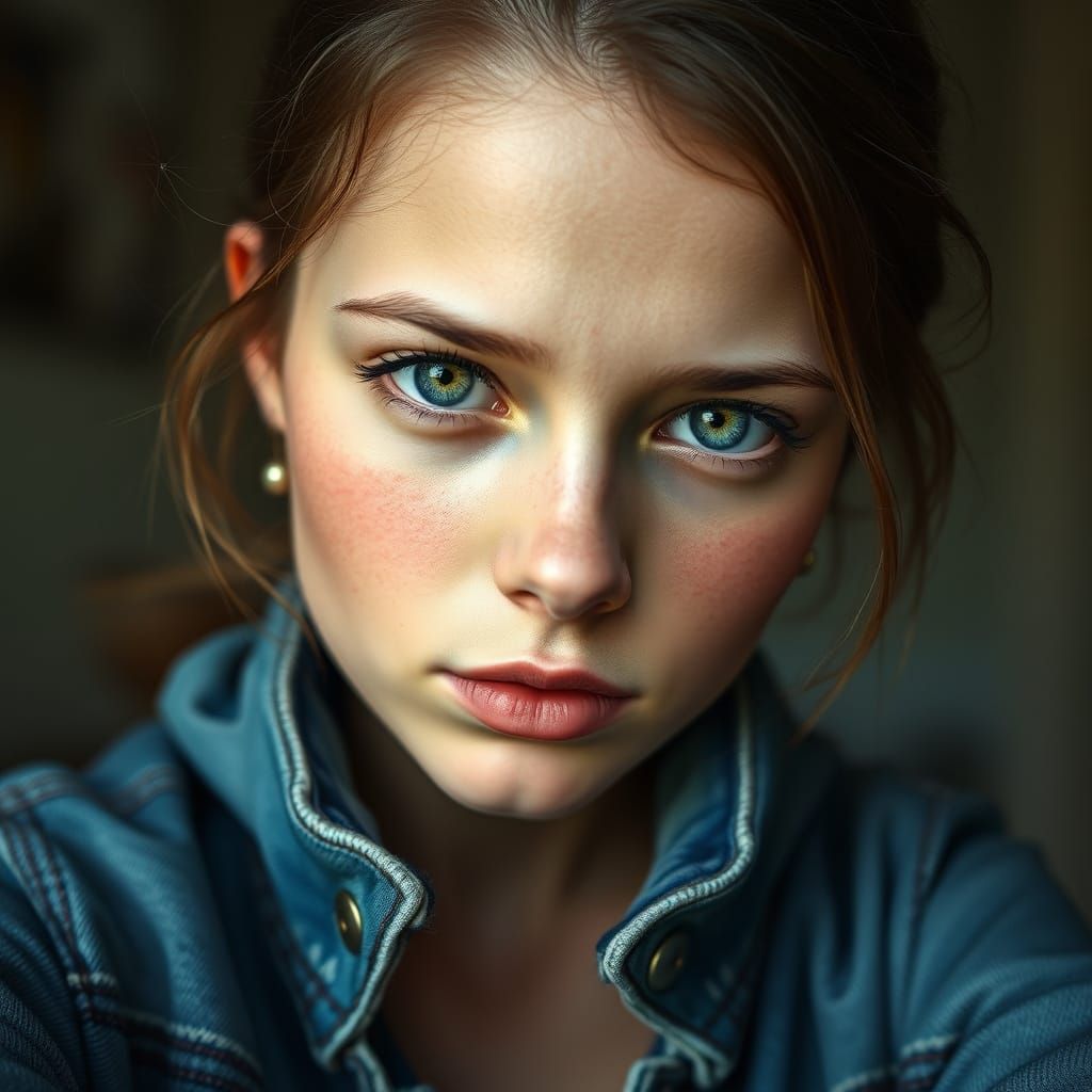A Realistic Portrait of a Young Woman with Light Green Eyes
