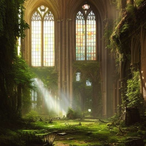 Overgrown Cathedral Ruins with Deer, Detailed Digital Art