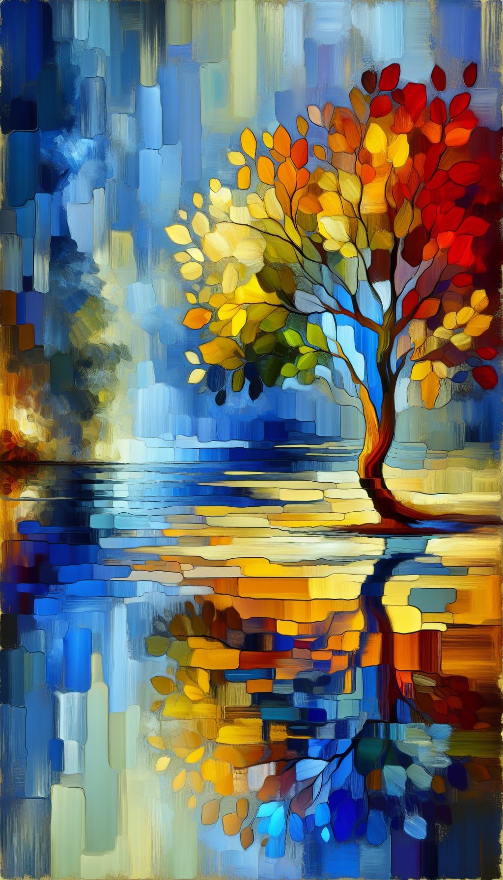 Colorful Tree Reflected in River, Oil Painting