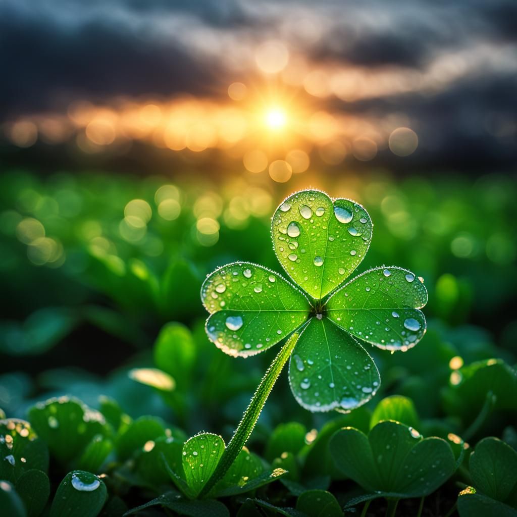 Detailed Four-Leaf Clover at Sunrise, Hyperrealistic Photo