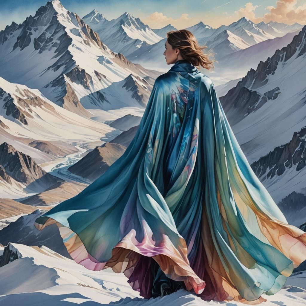 Woman in Alcohol Ink Cape on Snowy Mountain