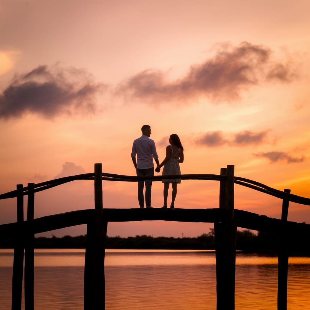 Couple's Sunset Moment on Rustic Bridge