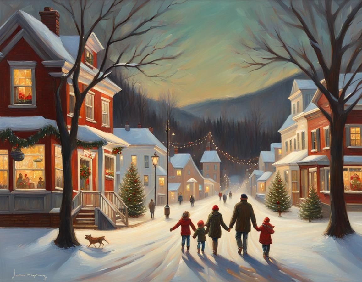 Christmas in Small Town: A Vintage Oil Painting