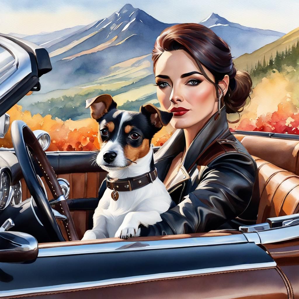 Girl in Convertible Hugs Dog, Steampunk Watercolor