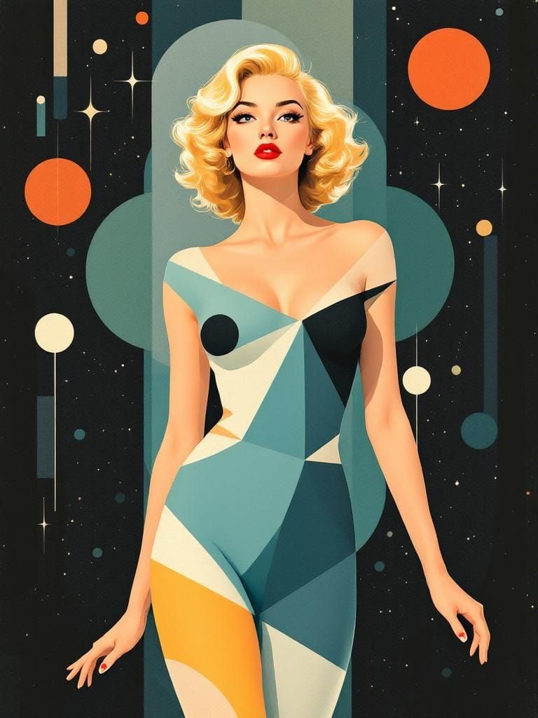 Retro Geometric Pin-Up in Psychedelic Album Art Style