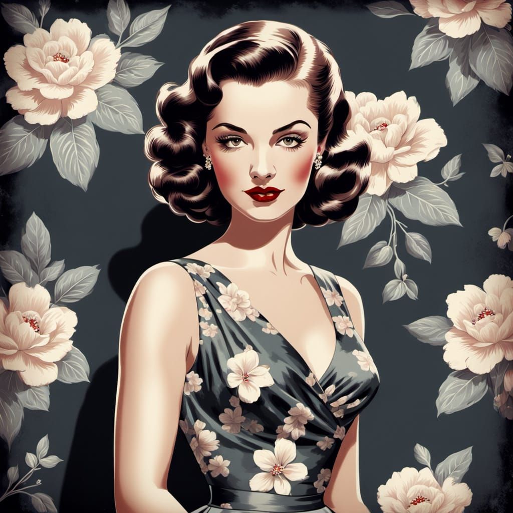 Glamorous Woman in Vintage Pin-Up Illustration Style
