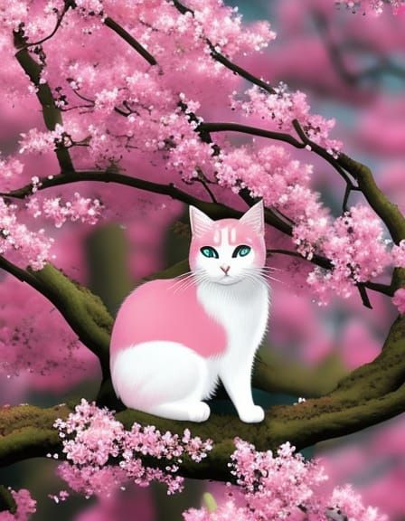 Pink Cat in Cherry Blossoms: Anime-Style