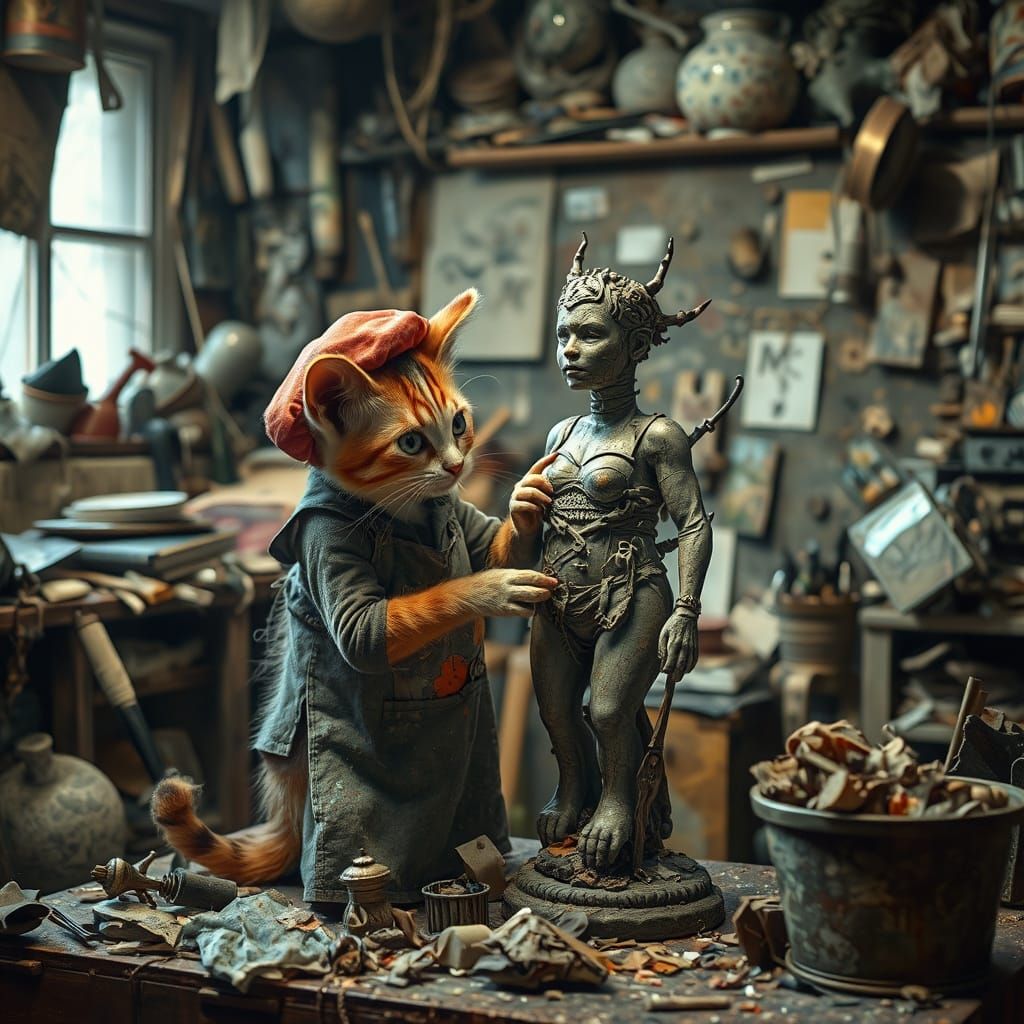 Kitten Artist Creates Trash Statue in Digital Art Style