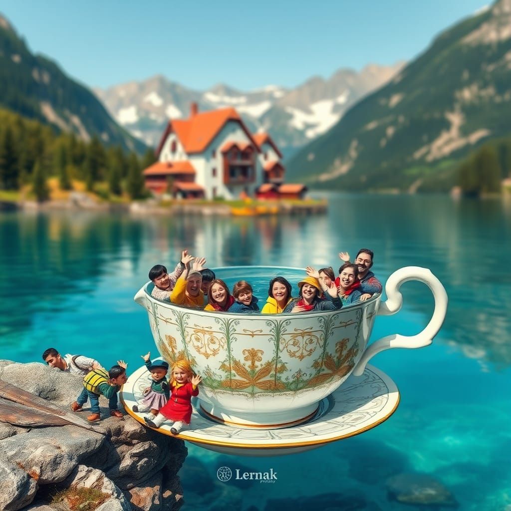 Tourists in Teacup at Alpine Lake, Storybook Illustration