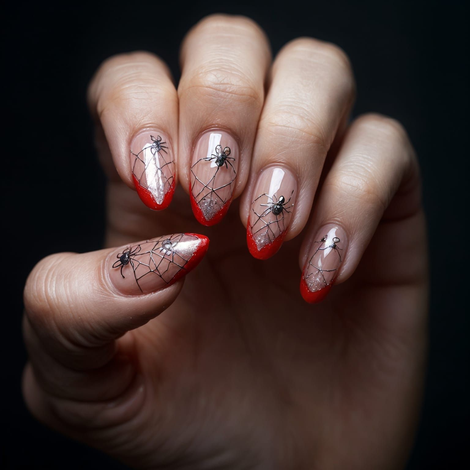 Halloween Almond Nails with Dripping Blood and Spiders