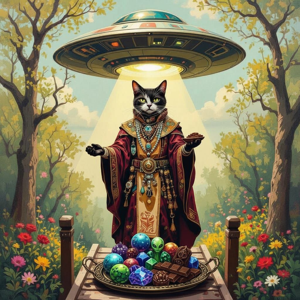 Feline Alien Offers Chocolate in City Park Landing