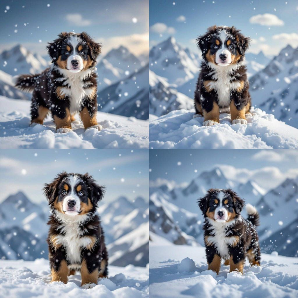 Fluffy Bernese Mountain Dog Puppy in Blizzard