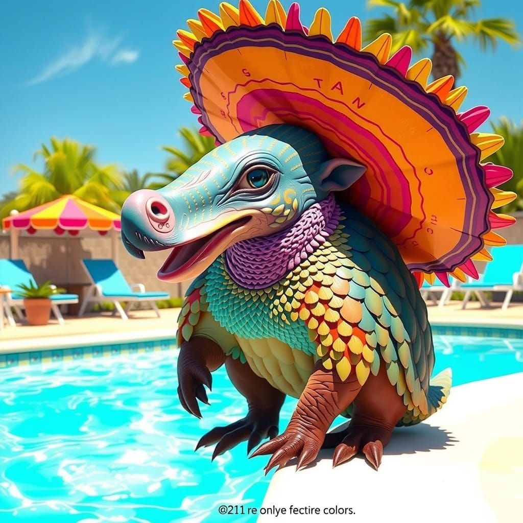 Pangolin with Sombrero by Pool in Whimsical Style