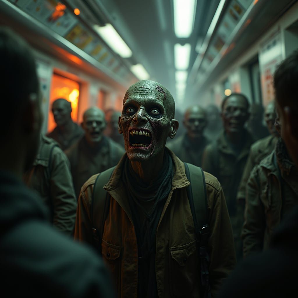 Apocalyptic Subway Scene with Zombies and Chaos
