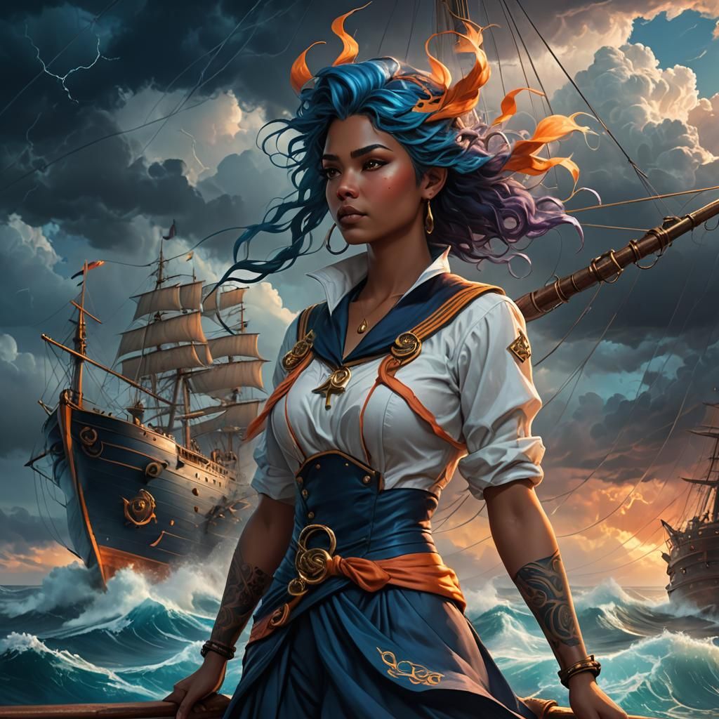 Air Genasi Sailor Amidst Stormy Seas: Fantasy Art