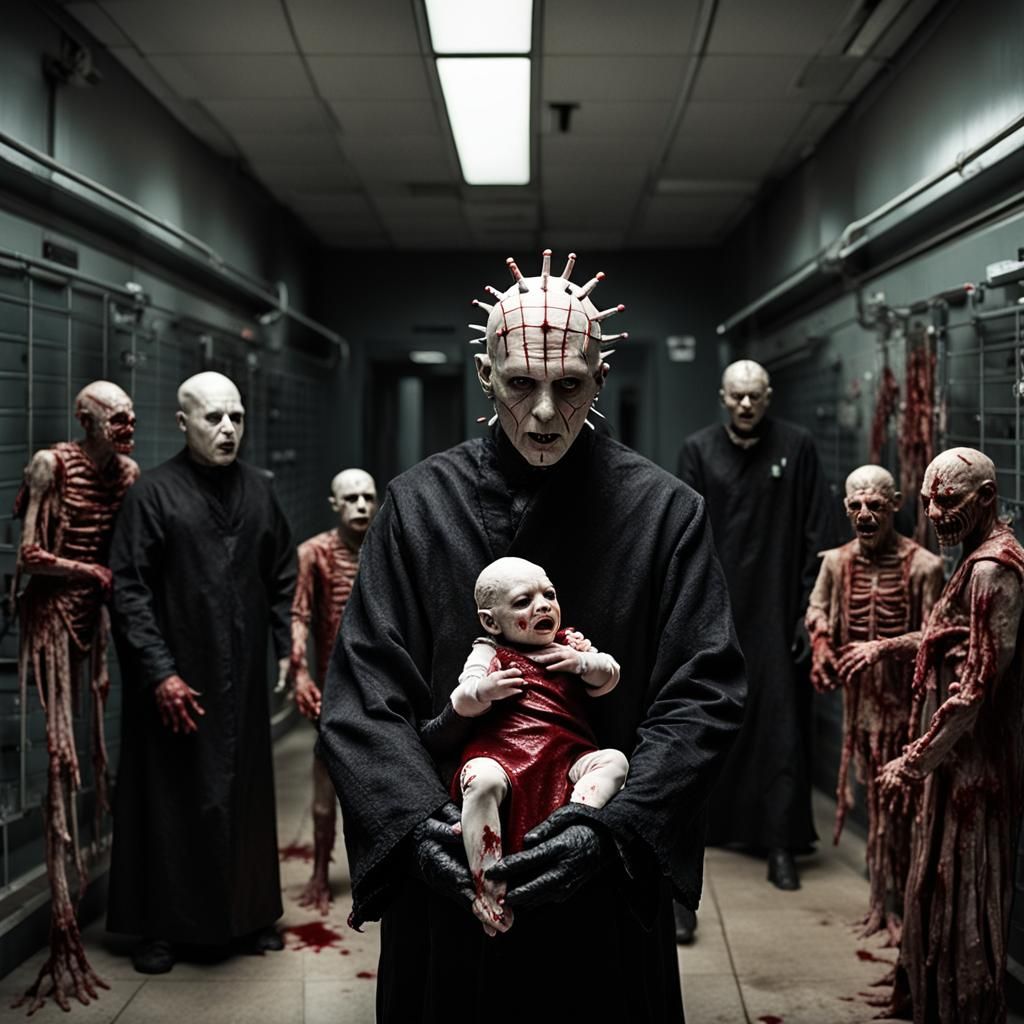 Bloody Newborn Pinhead in Dark Nursery: Digital Painting