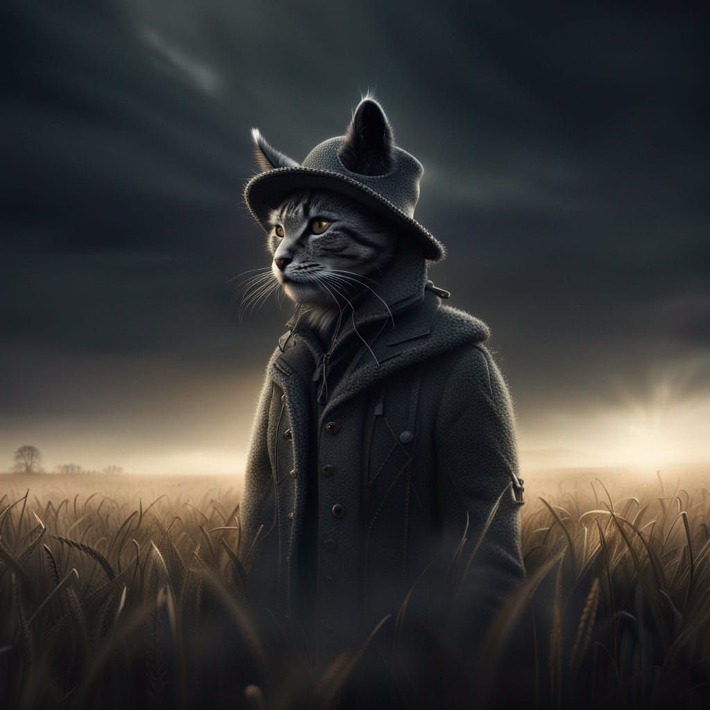 Dark Cat Farmer in Field, James Gurney Style