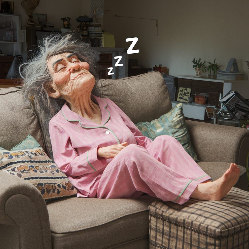 Whimsical Granny Sleeping on Sofa in Pink Pajamas
