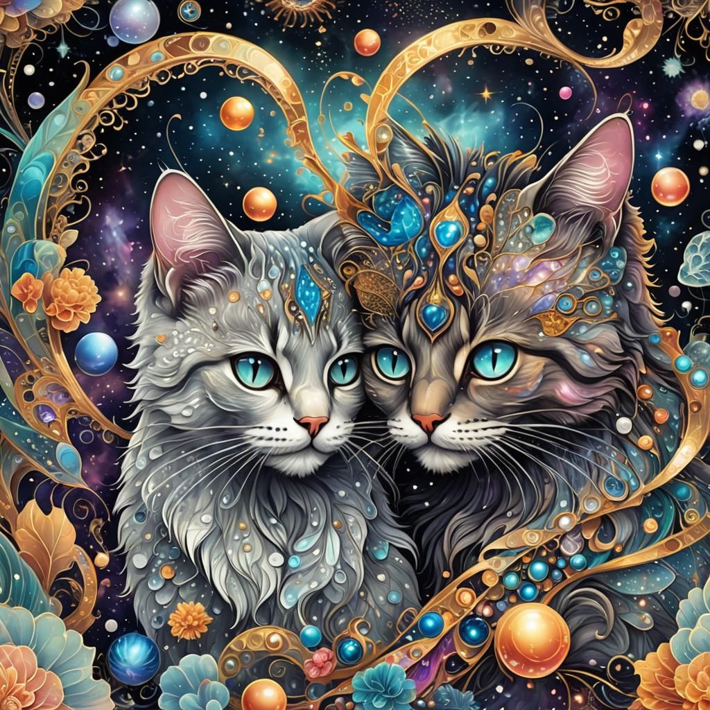 Cosmic Cats in Fractal Zentangle Design