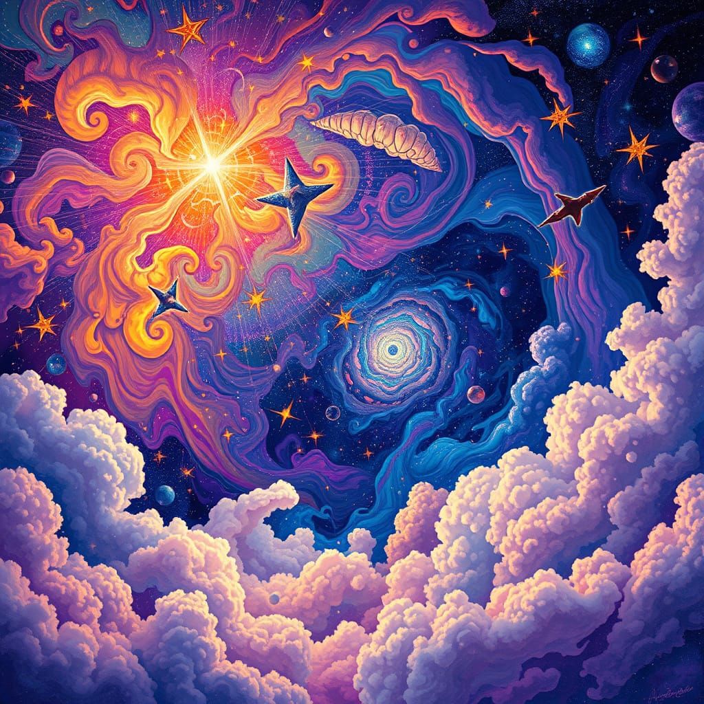 Cosmic Clouds and Stars in Mixed Media Style