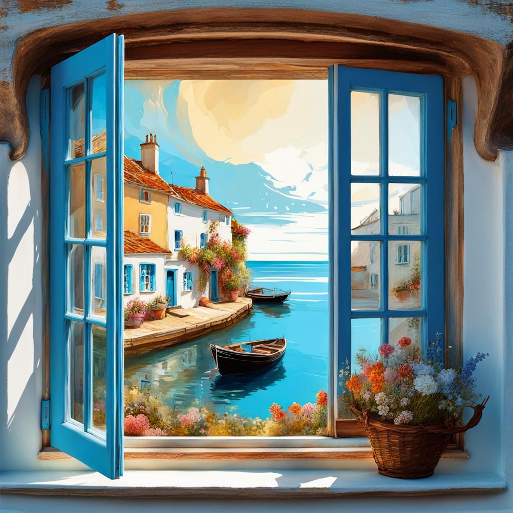 Seaside Village Through Blue Window, Digital Illustration