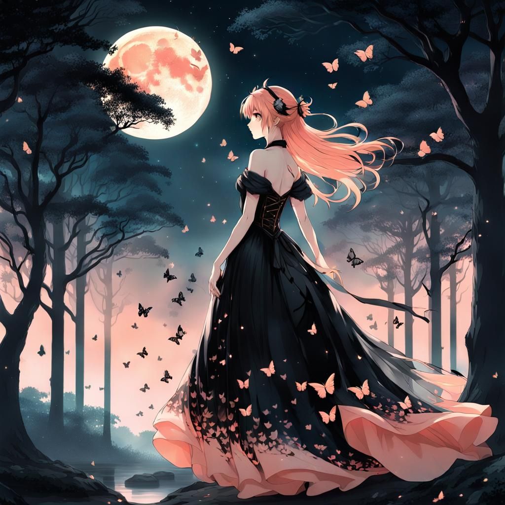 Moonlit Forest with Anime Girl in Peach Gown