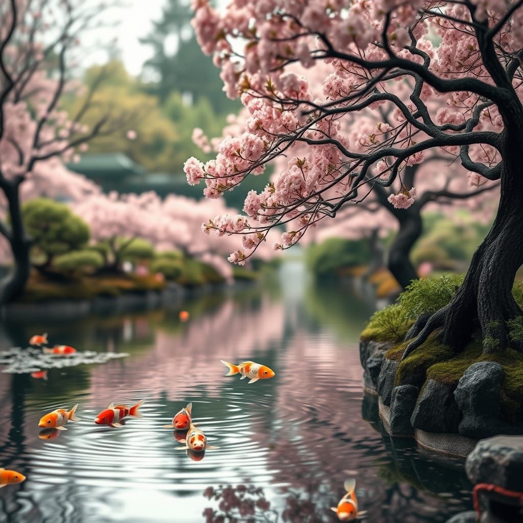 Surreal Japanese Oasis in Soft Focus, Blending Fantasy and R...