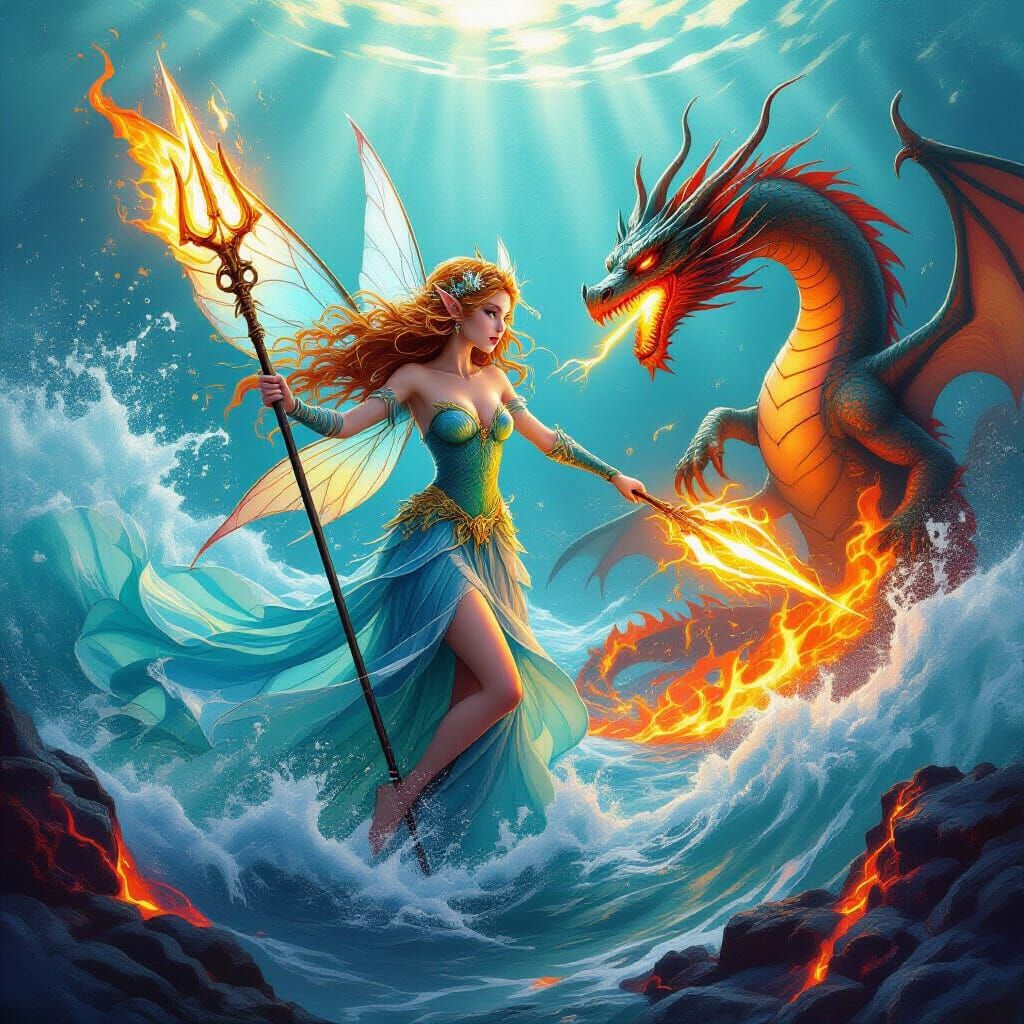 Pixie Fairy Battles Sea Dragon Amidst Lava