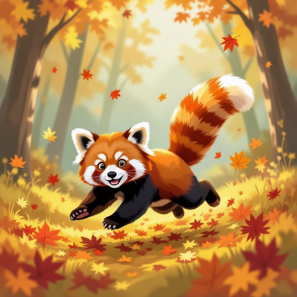 Charming Red Panda Playful Among Leaves