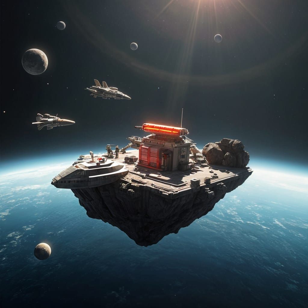 Colorful Spaceship Refueling Station on Asteroid