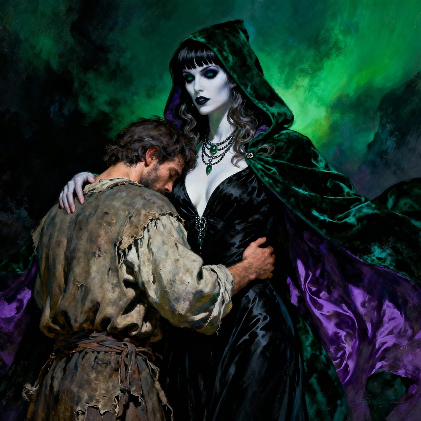 Dark Fantasy Witch Comforts Peasant Man