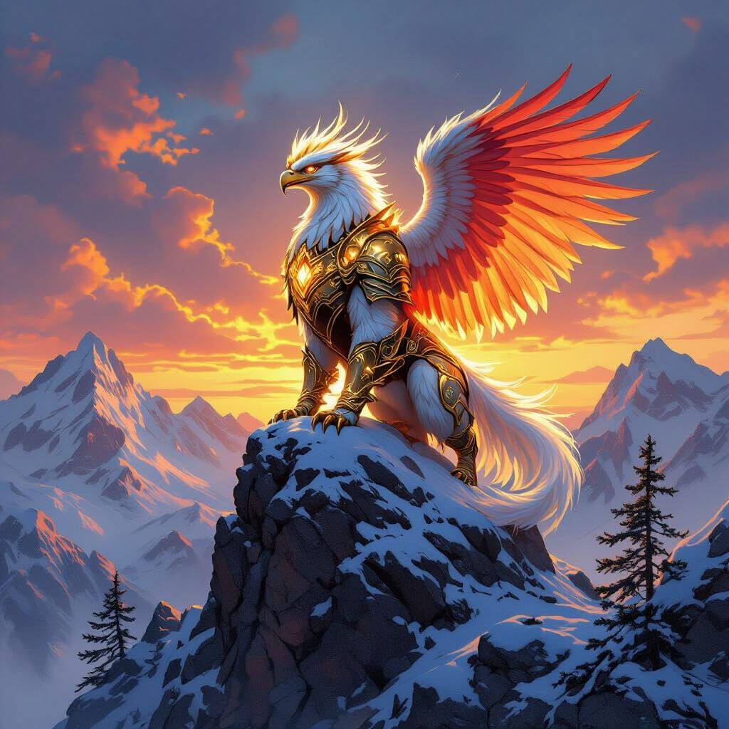 Griffin in Armor on Snowy Peak at Sunset