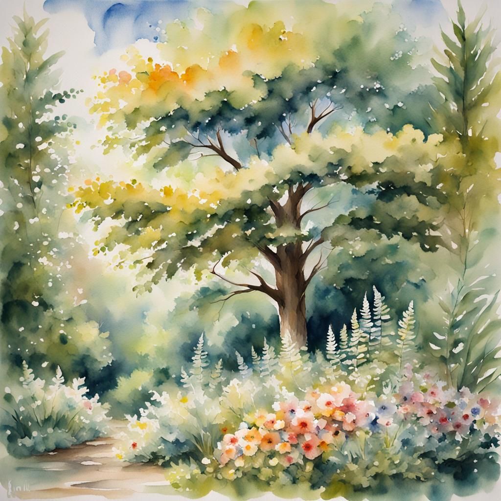 Whimsical Watercolor Garden Scene