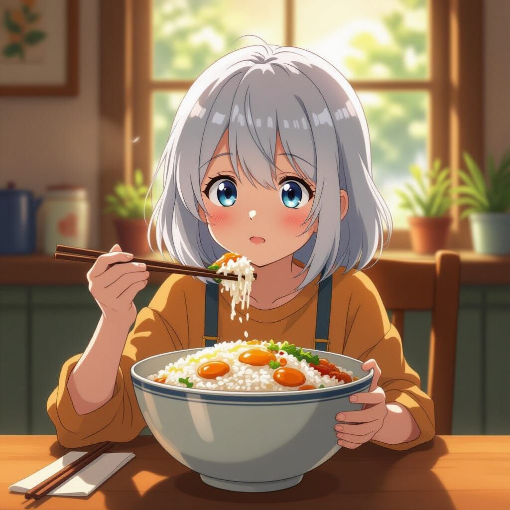 Silver-Haired Child Eating Rice, Ghibli-Shinkai Style