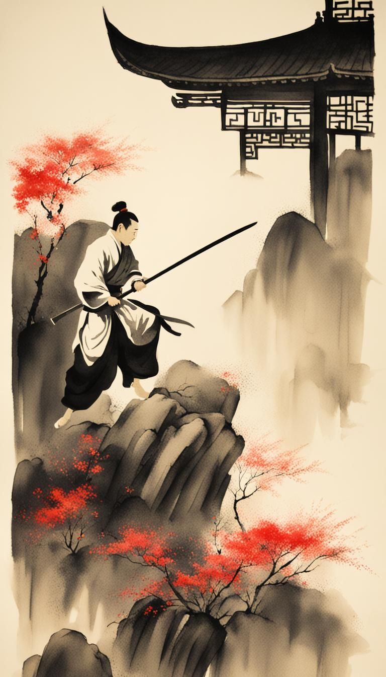 Minimalist Chinese Ink Painting of Swordsman