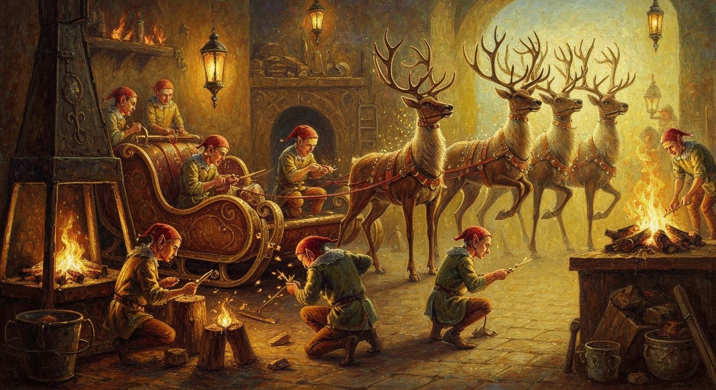 Elves Craft Santa's Sleigh and Reindeer in Detailed Oil Pain...
