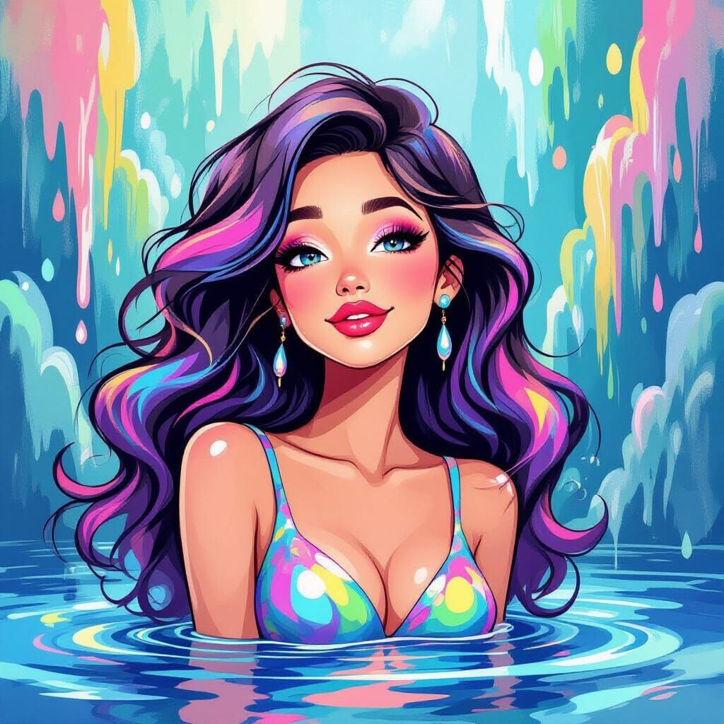 Cartoon Woman with Swirling Liquid Hair