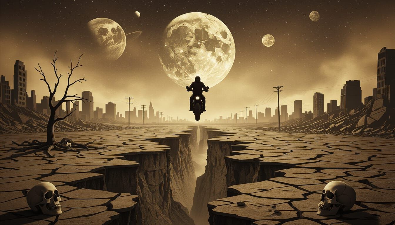 Motorcyclist Ascends Ruined City Rift Under Celestial Glow
