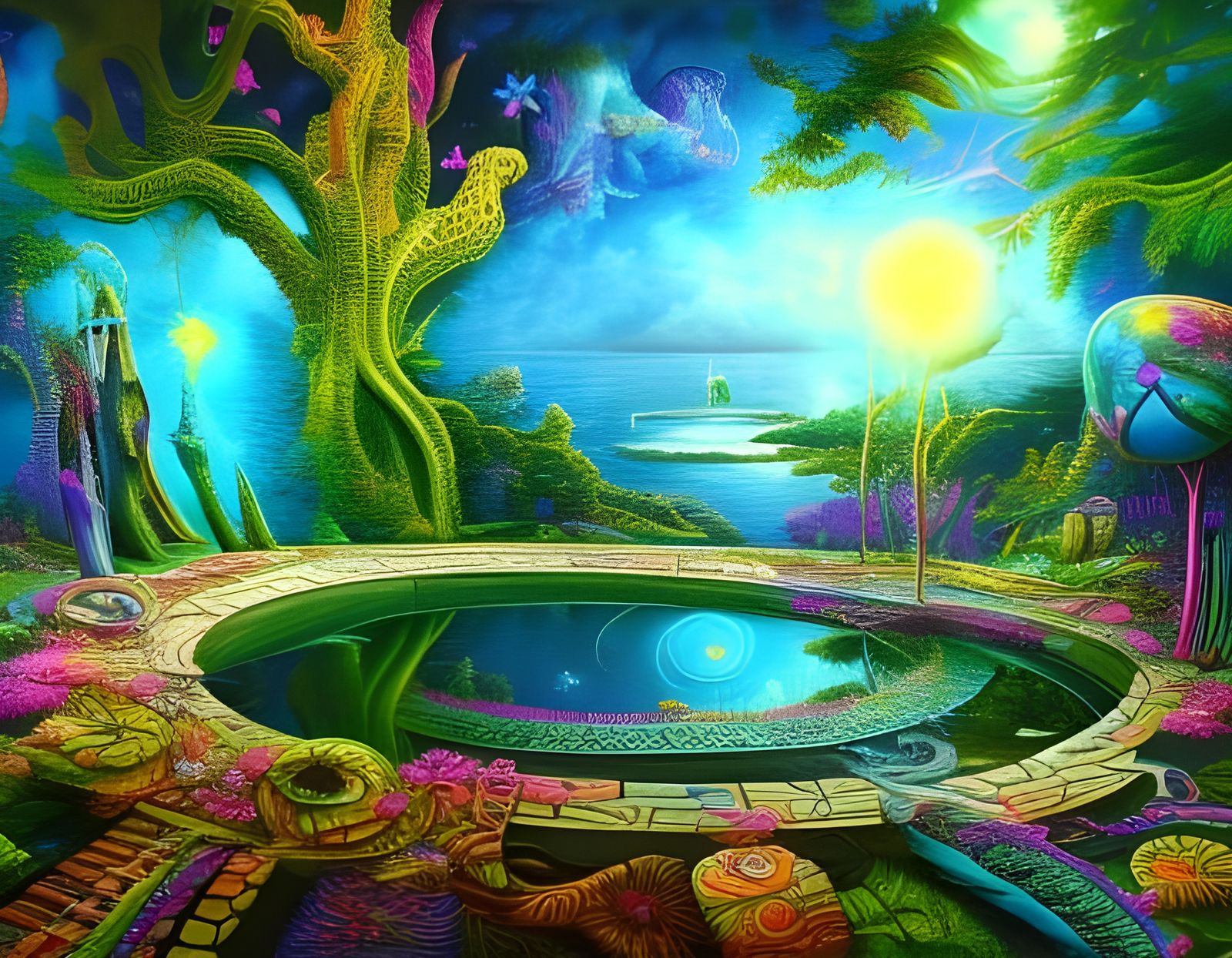 Psychedelic Dreamscape Pool in Matte Oil Painting