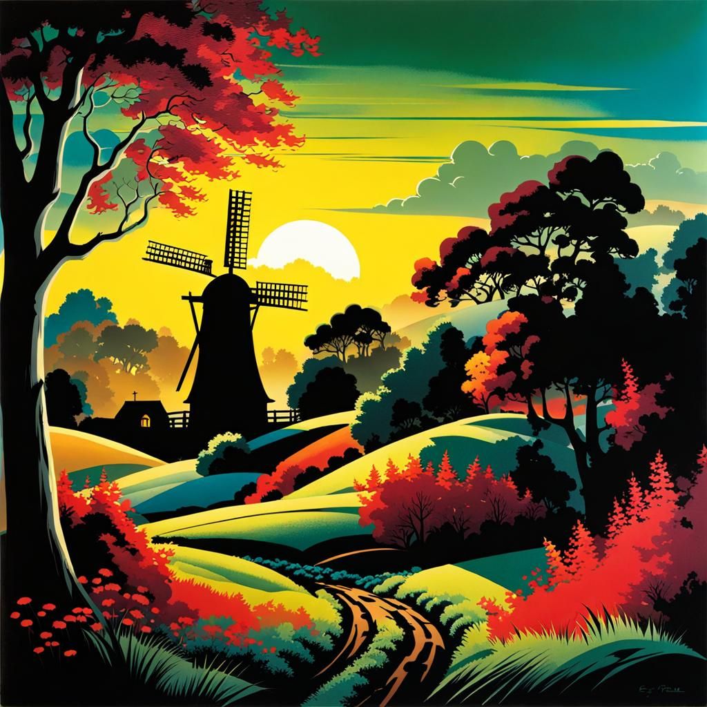 Whimsical Windmill Party in Comic Art Style