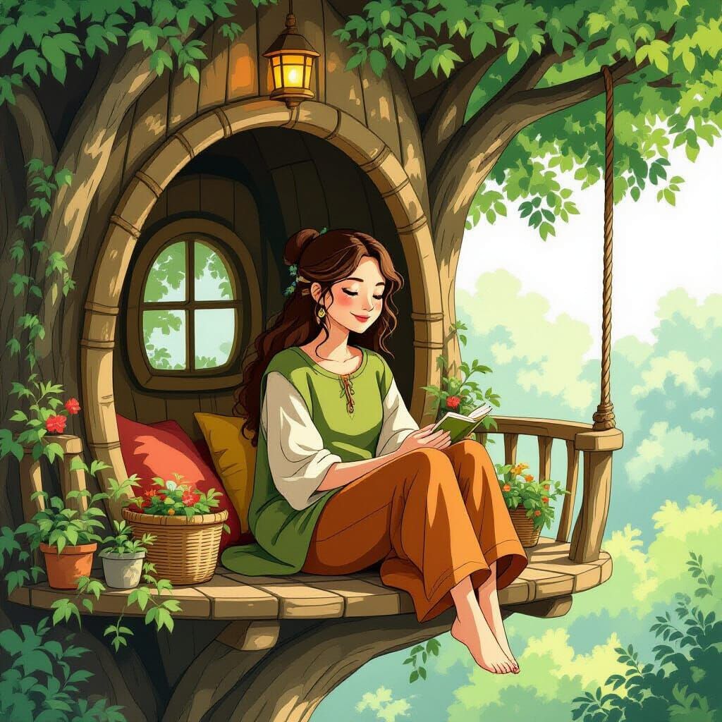 Woman in Treehouse, Whimsical Art Style
